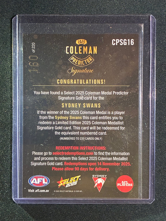 2025 Select Footy Stars SYDNEY SWANS Coleman Medal Predictor Signature Gold 160/220 #16