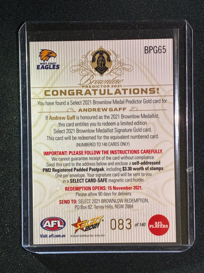 2021 Select Footy Stars ANDREW GAFF Brownlow Predictor Gold 083/140 #65