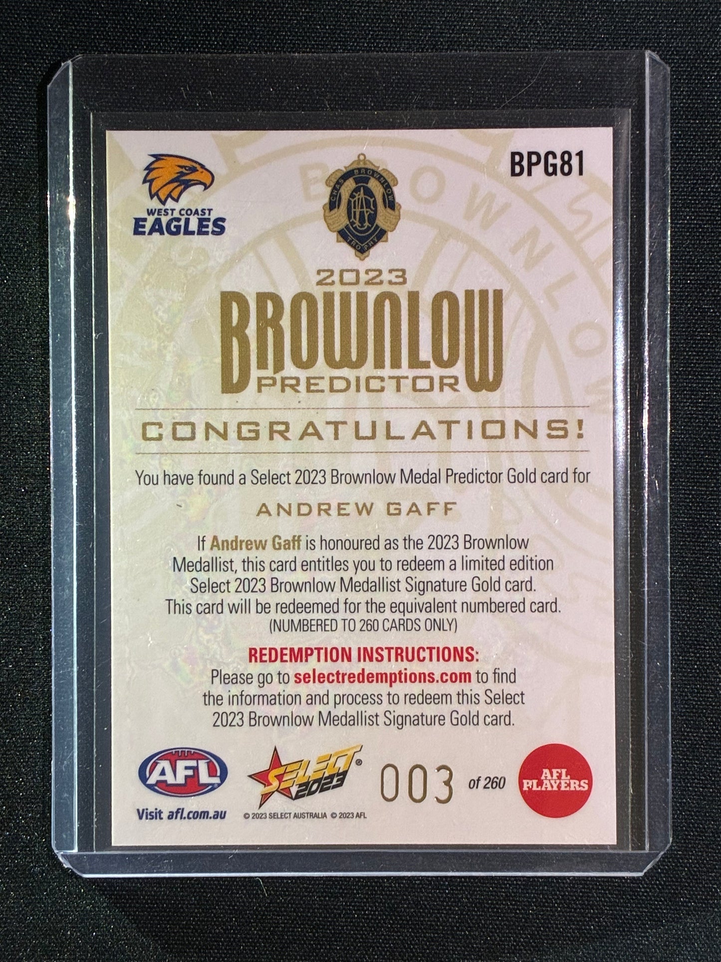 2023 Select Footy Stars ANDREW GAFF Brownlow Predictor Gold 003/140 #81