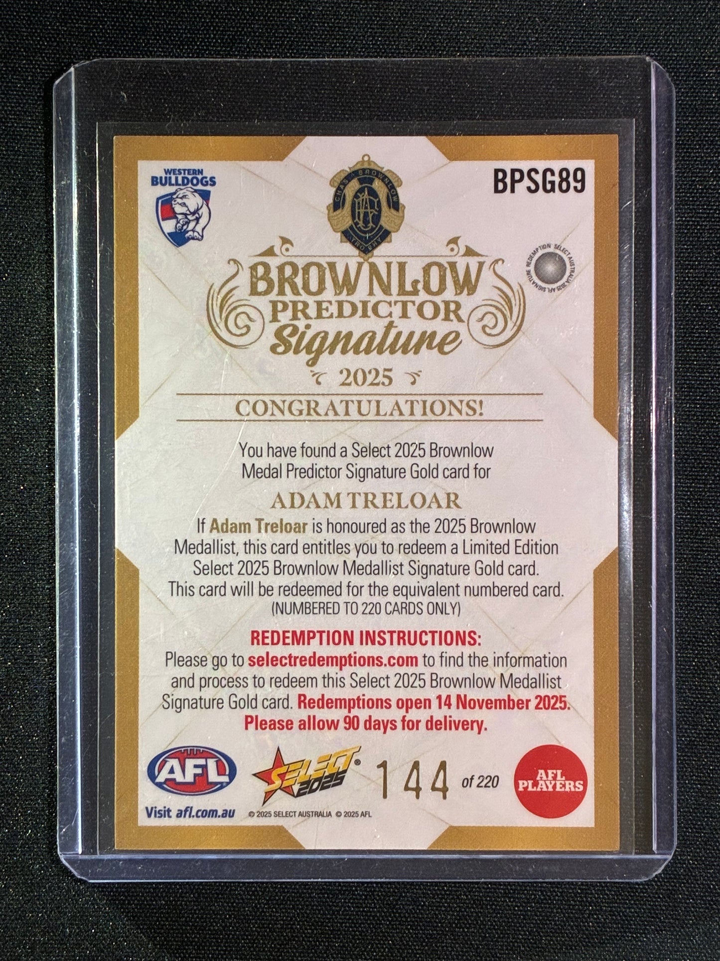 2025 Select Footy Stars ADAM TRELOAR Brownlow Predictor Signature Gold 144/220 #89