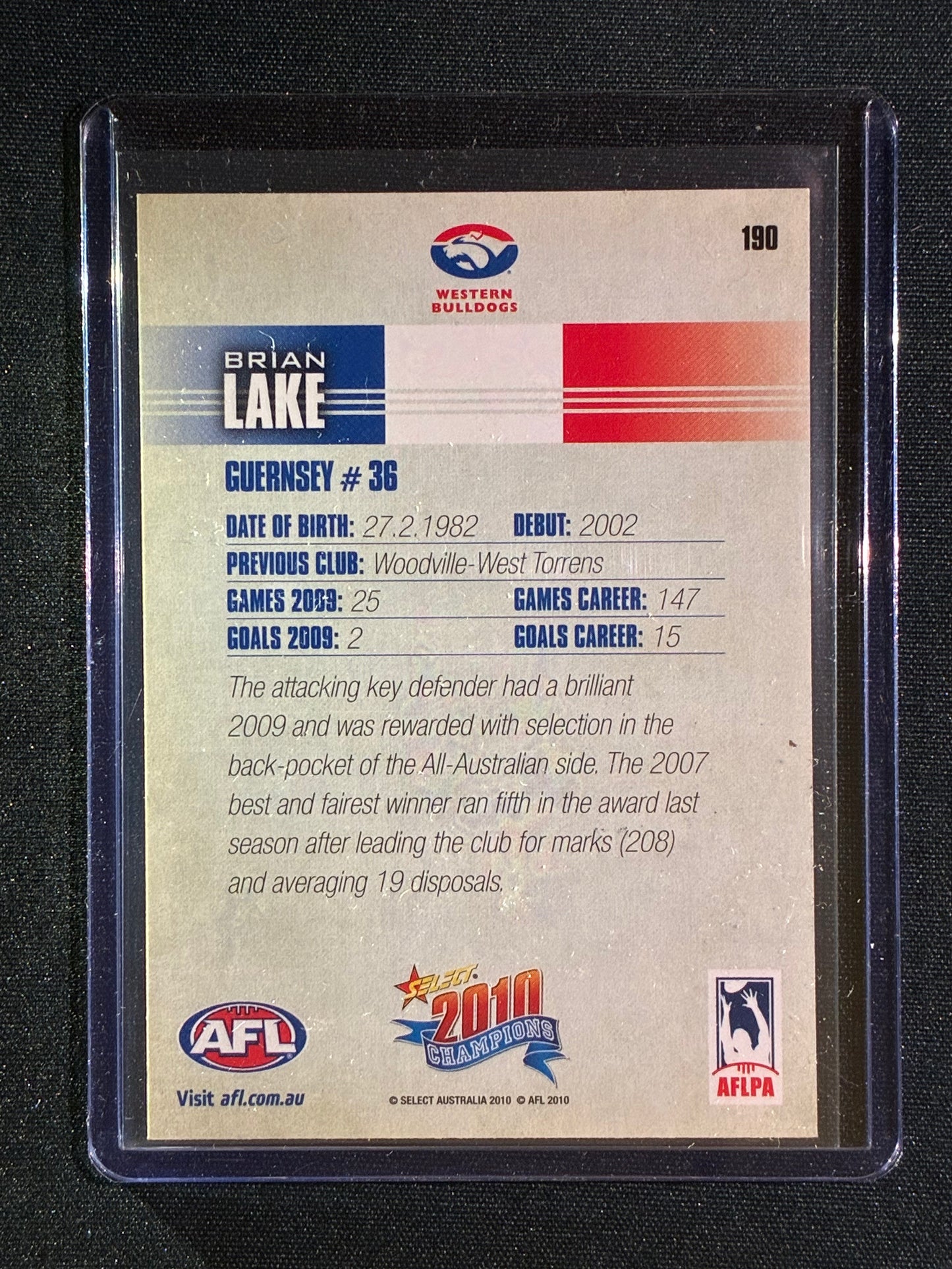 2010 Select Champions BRIAN LAKE Base Signature Auto IP #190