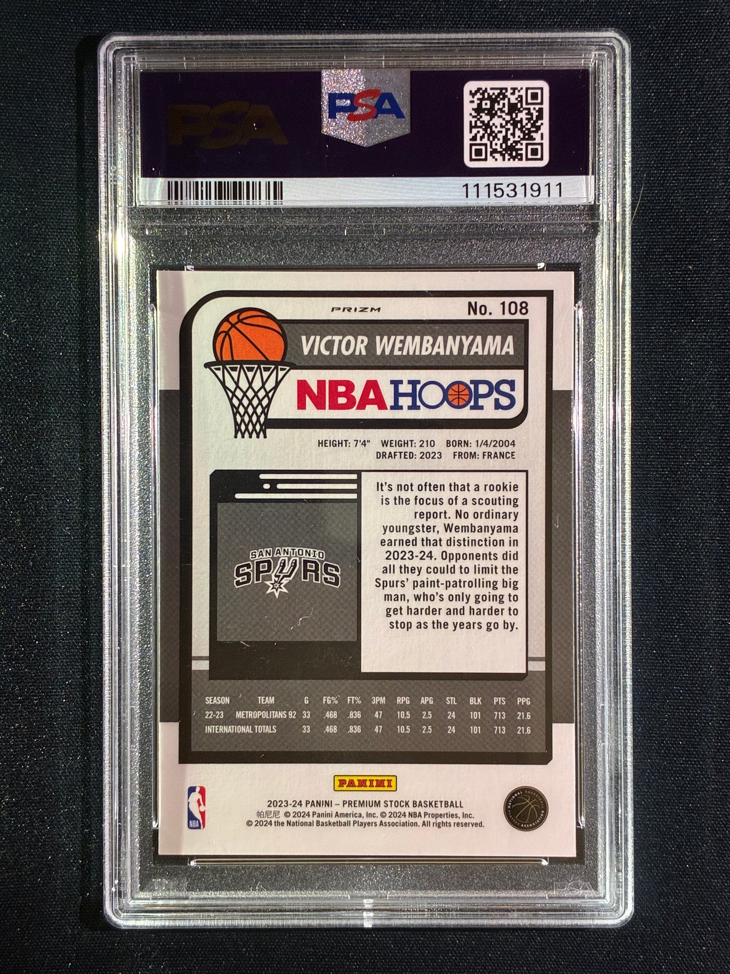 2023-24 Hoops Premium Stock VICTOR WEMBANYAMA Rookie Premium Prizm #108 PSA 9 (911)