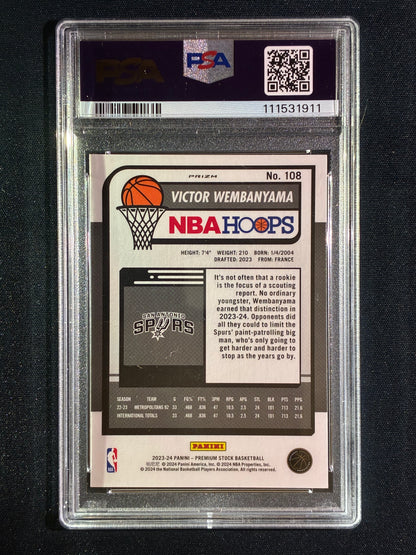 2023-24 Hoops Premium Stock VICTOR WEMBANYAMA Rookie Premium Prizm #108 PSA 9 (911)