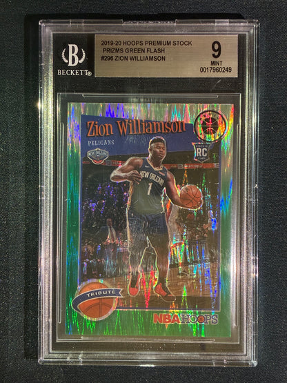 2019-20 Hoops Premium Stock ZION WILLIAMSON Tribute Rookie Prizm Green Flash 82/99 BGS 9