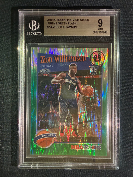 2019-20 Hoops Premium Stock ZION WILLIAMSON Tribute Rookie Prizm Green Flash 82/99 BGS 9