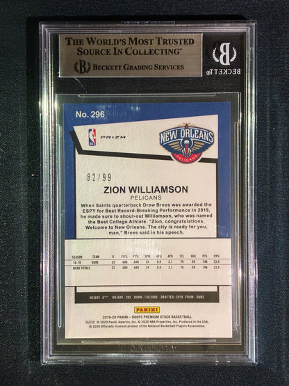 2019-20 Hoops Premium Stock ZION WILLIAMSON Tribute Rookie Prizm Green Flash 82/99 BGS 9