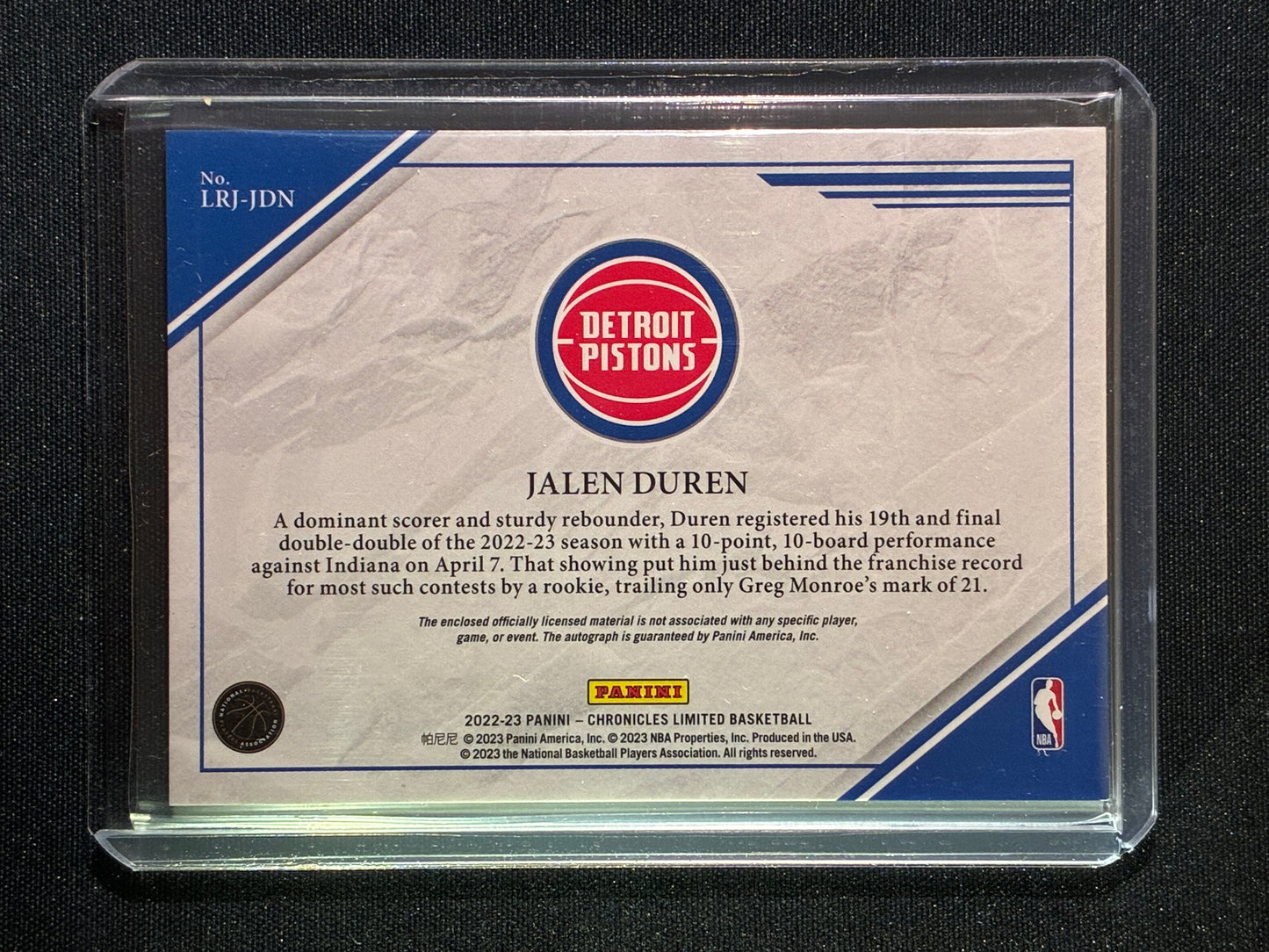 2022-23 Chronicles JALEN DUREN Limited Rookie Jersey Auto Silver 32/99