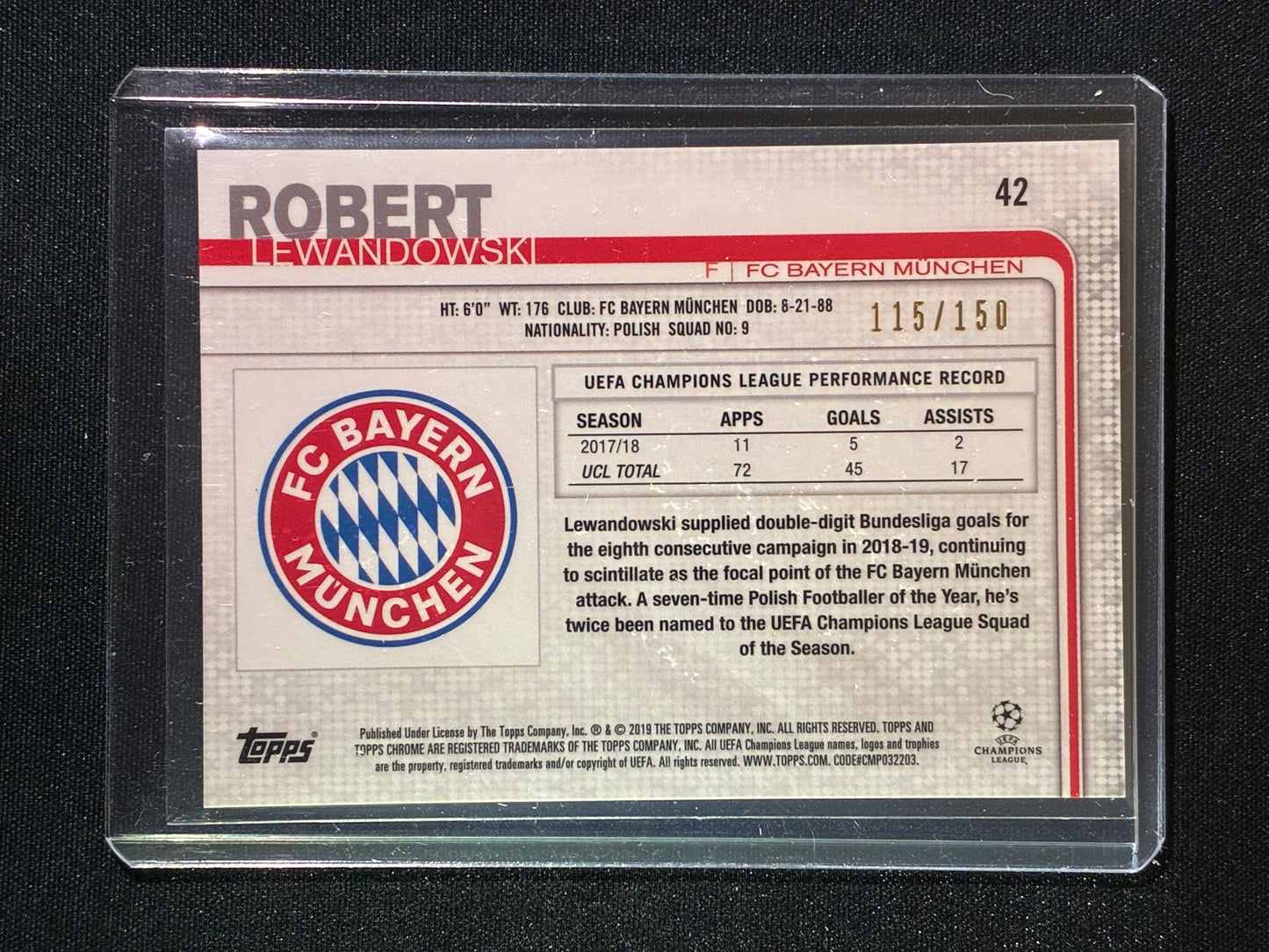 2018-19 Topps Chrome UEFA UCL ROBERT LEWANDOWSKI Blue Refractor 115/150 #42