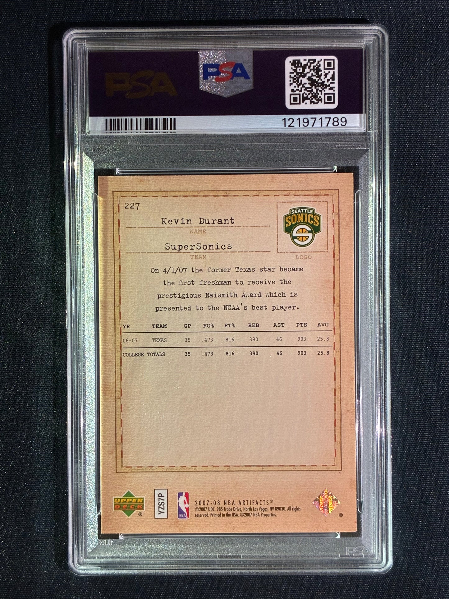 2007-08 Upper Deck Artifacts KEVIN DURANT Rookie Exclusives #227 PSA 9 (789)