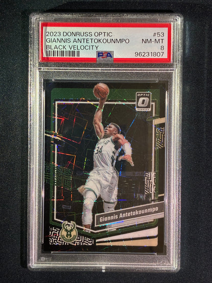 2023-24 Donruss Optic GIANNIS ANTETOKOUNMPO Black Velocity 4/39 #53 PSA 8 (807)