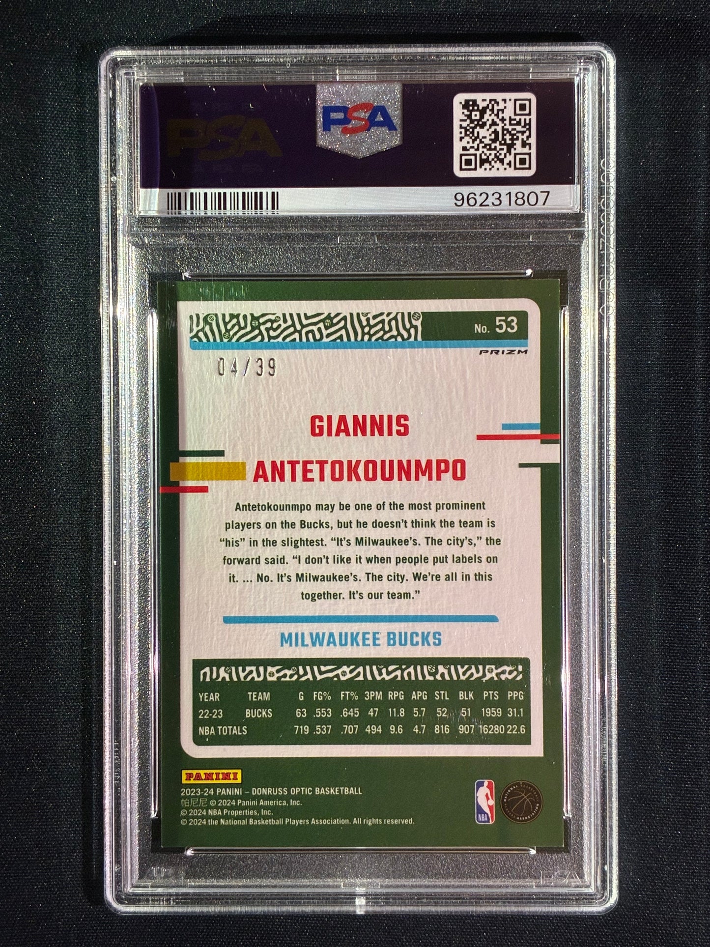 2023-24 Donruss Optic GIANNIS ANTETOKOUNMPO Black Velocity 4/39 #53 PSA 8 (807)