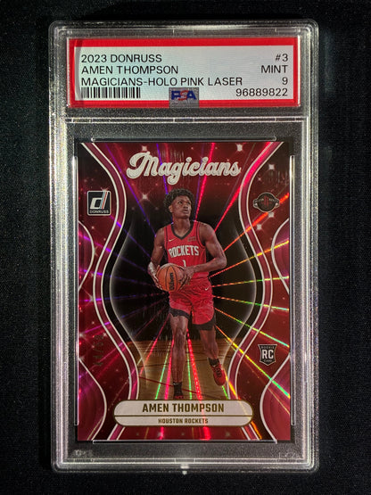 2023-24 Donruss AMEN THOMPSON Magicians Rookie Holo Pink Laser 44/50 PSA 9 (822)