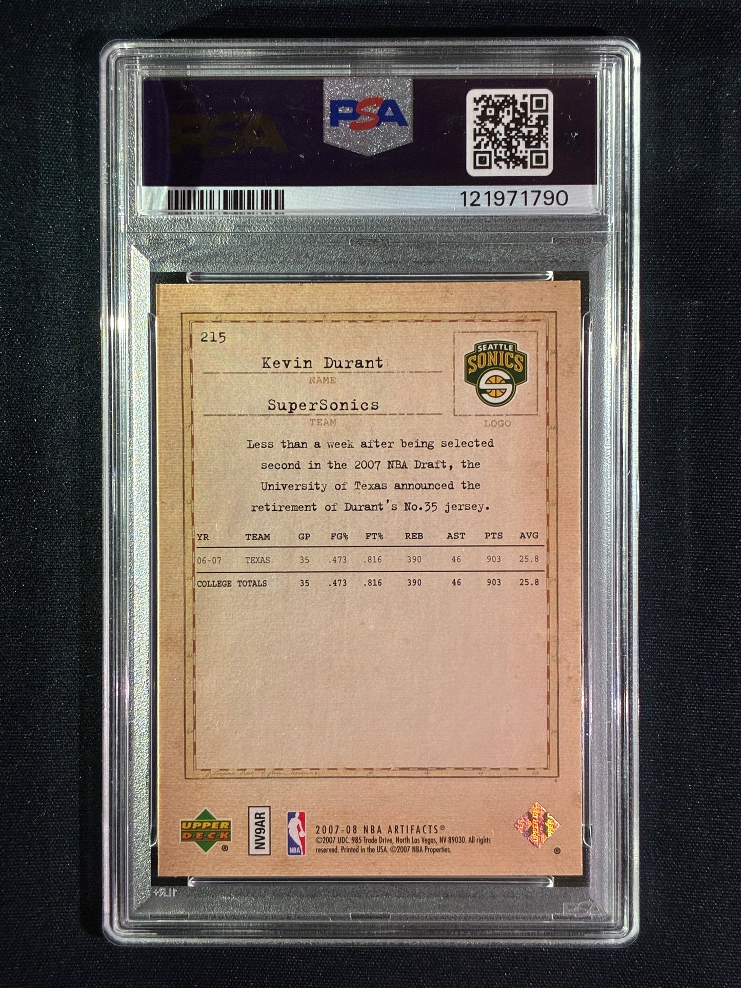 2007-08 Upper Deck Artifacts KEVIN DURANT Rookie Exclusives #215 PSA 10 (215)