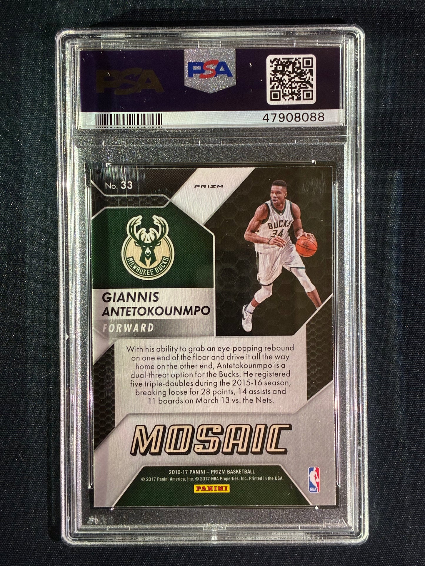 2016-17 Prizm Mosaic GIANNIS ANTETOKOUNMPO Mosaic Silver Base #33 PSA 10 (088)
