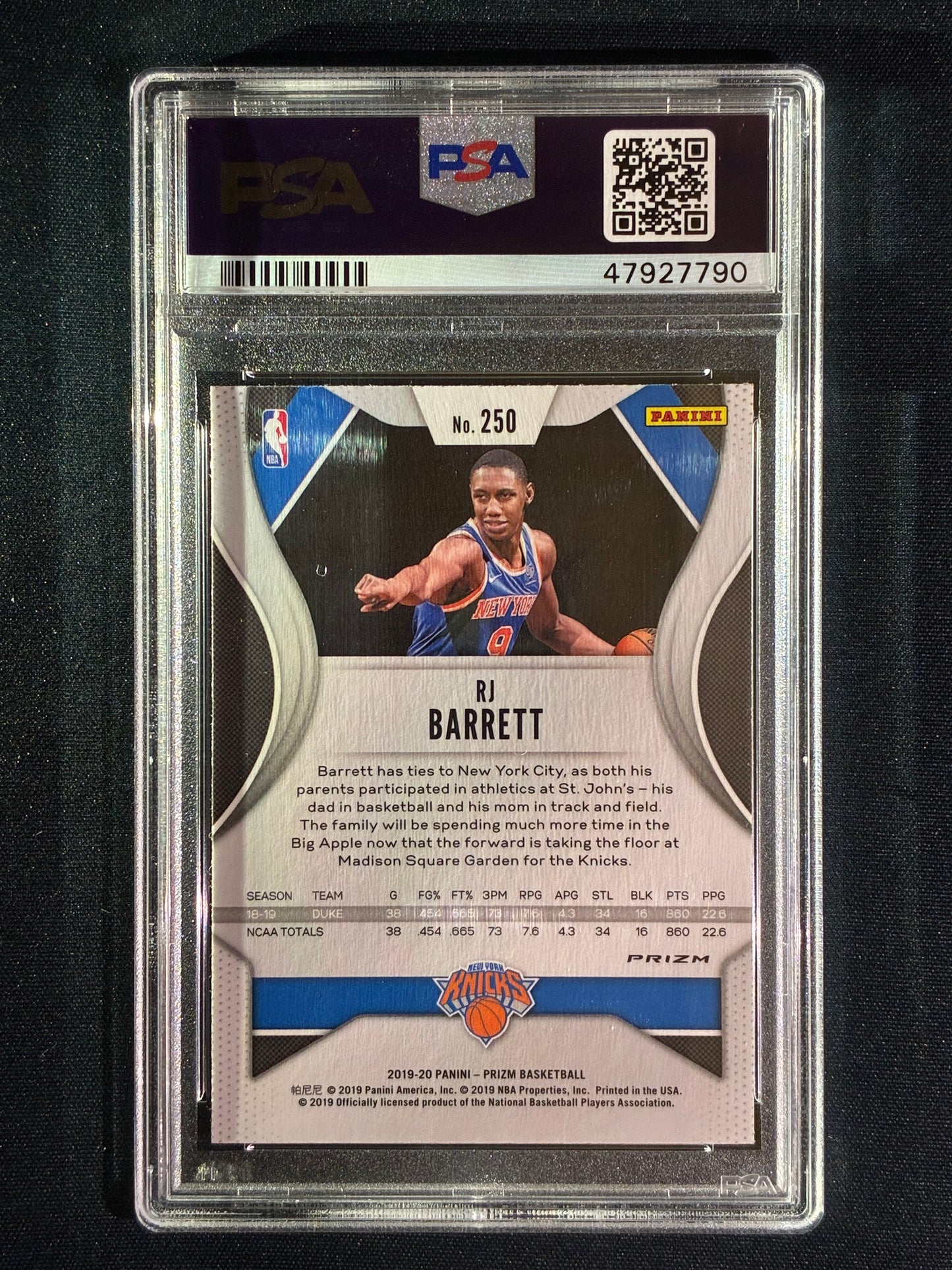 2019-20 Prizm RJ BARRETT Rookie Silver Prizm #250 PSA 10 (790)