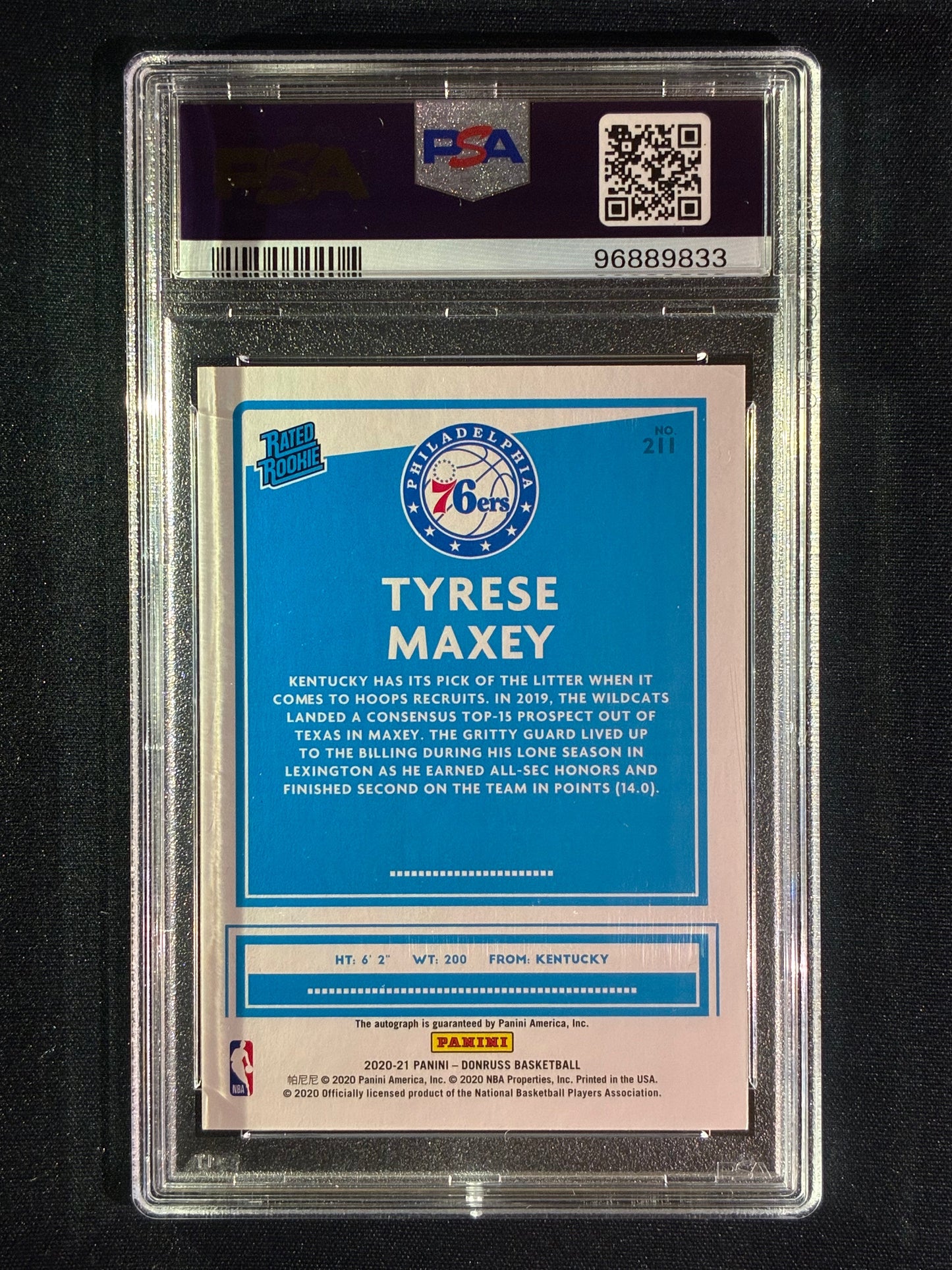 2020-21 Donruss TYRESE MAXEY Rated Rookie Signature Auto #211 PSA 10 (833)