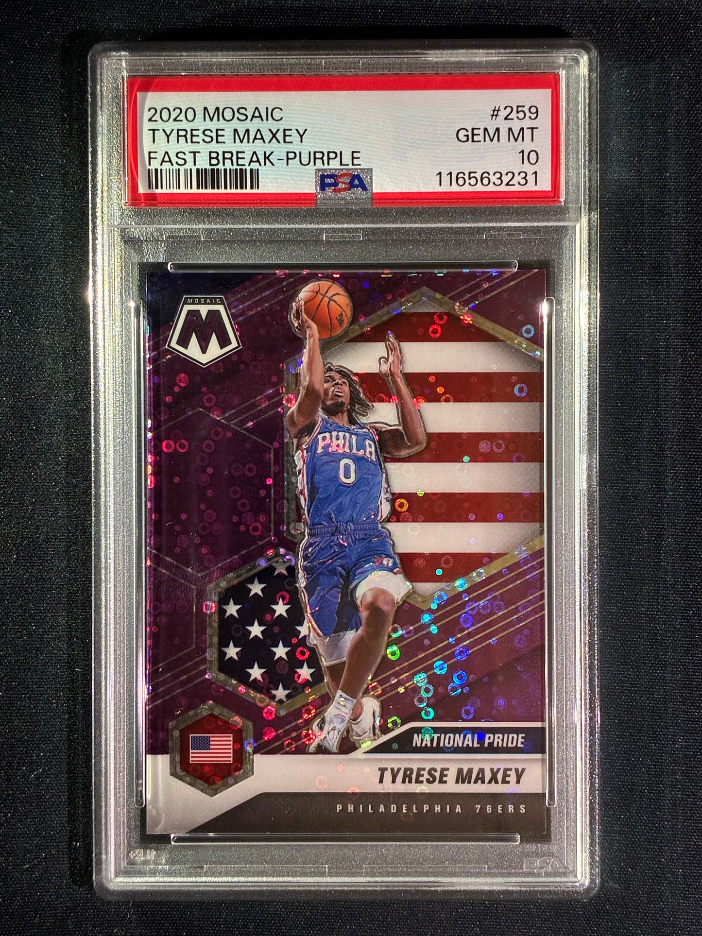 2020-21 Mosaic TYRESE MAXEY National Pride Rookie Fast Break Purple 37/50 #259 PSA 10 (231)