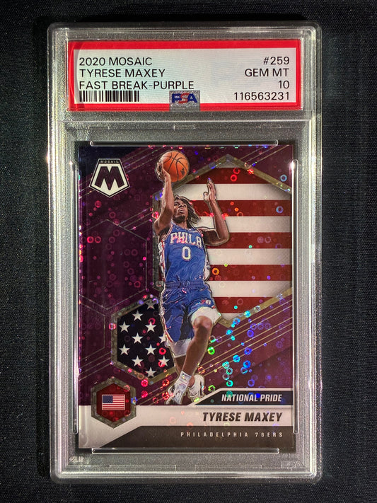 2020-21 Mosaic TYRESE MAXEY National Pride Rookie Fast Break Purple 37/50 #259 PSA 10 (231)
