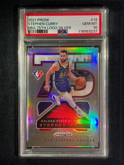 2021-22 Prizm STEPHEN CURRY NBA 75th Anniversary Logo Silver Prizm SP #14 PSA 10 (237)