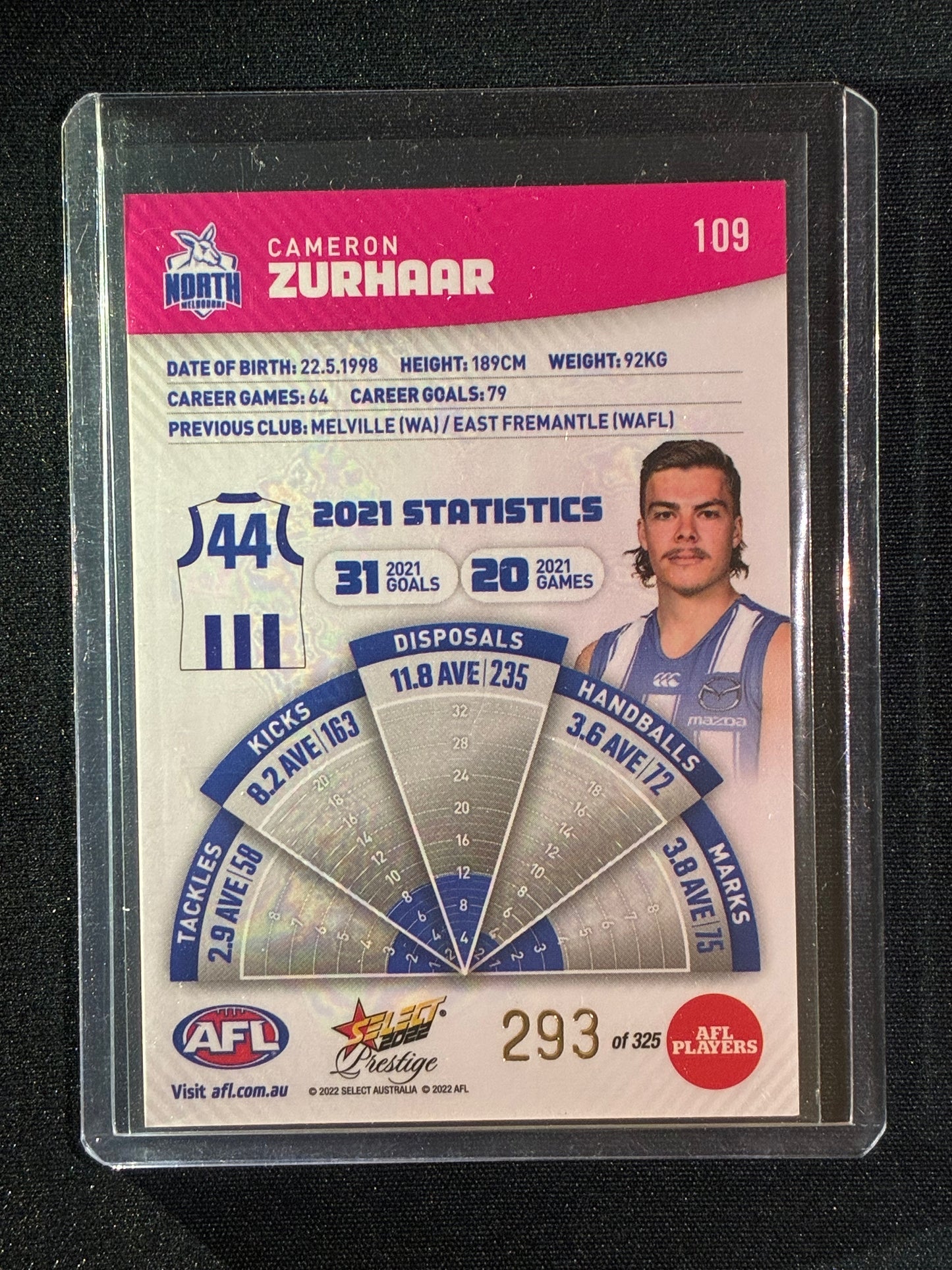 2022 Footy Stars Prestige CAMERON ZURHAAR Pink Parallel 293/325