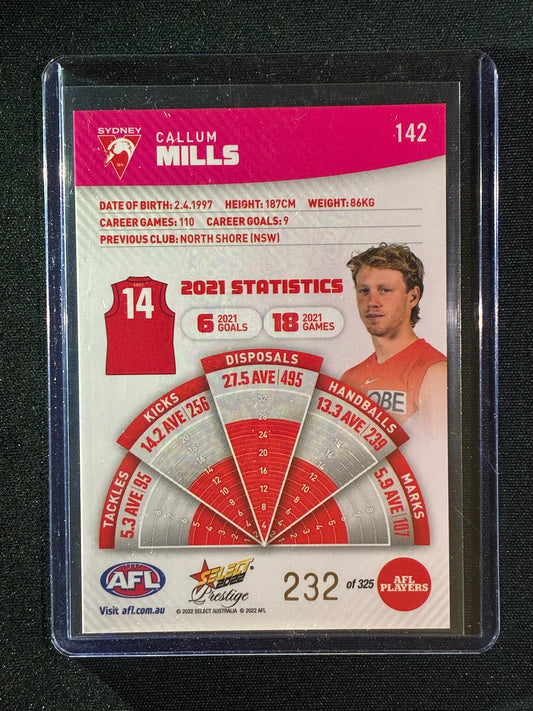 2022 Footy Stars Prestige CALLUM MILLS Pink Parallel 232/325