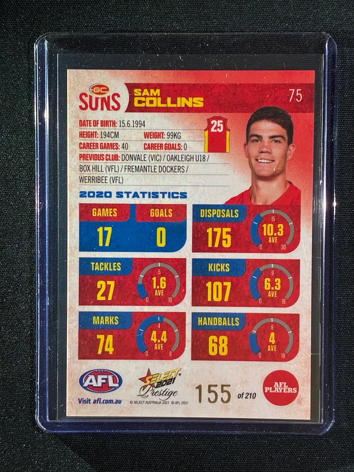 2021 Footy Stars Prestige SAM COLLINS Red Orange Parallel 155/210