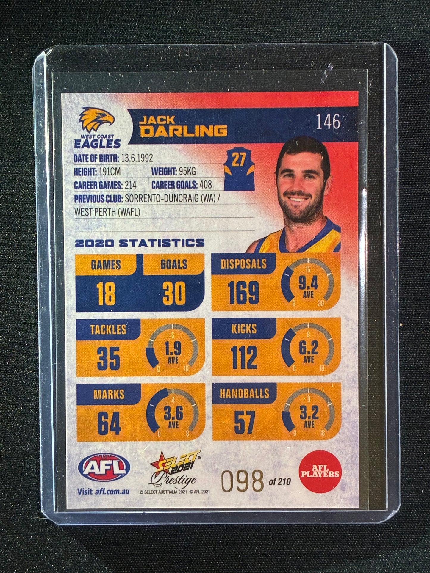 2021 Footy Stars Prestige JACK DARLING Red Orange Parallel 98/210