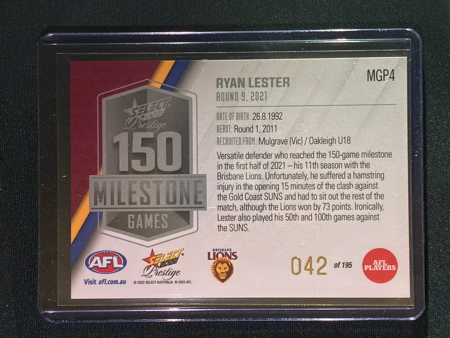 2022 Footy Stars Prestige RYAN LESTER AFL Milestone Games 42/195