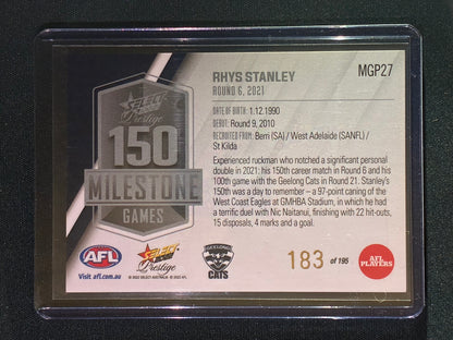 2022 Footy Stars Prestige RHYS STANLEY AFL Milestone Games 183/195