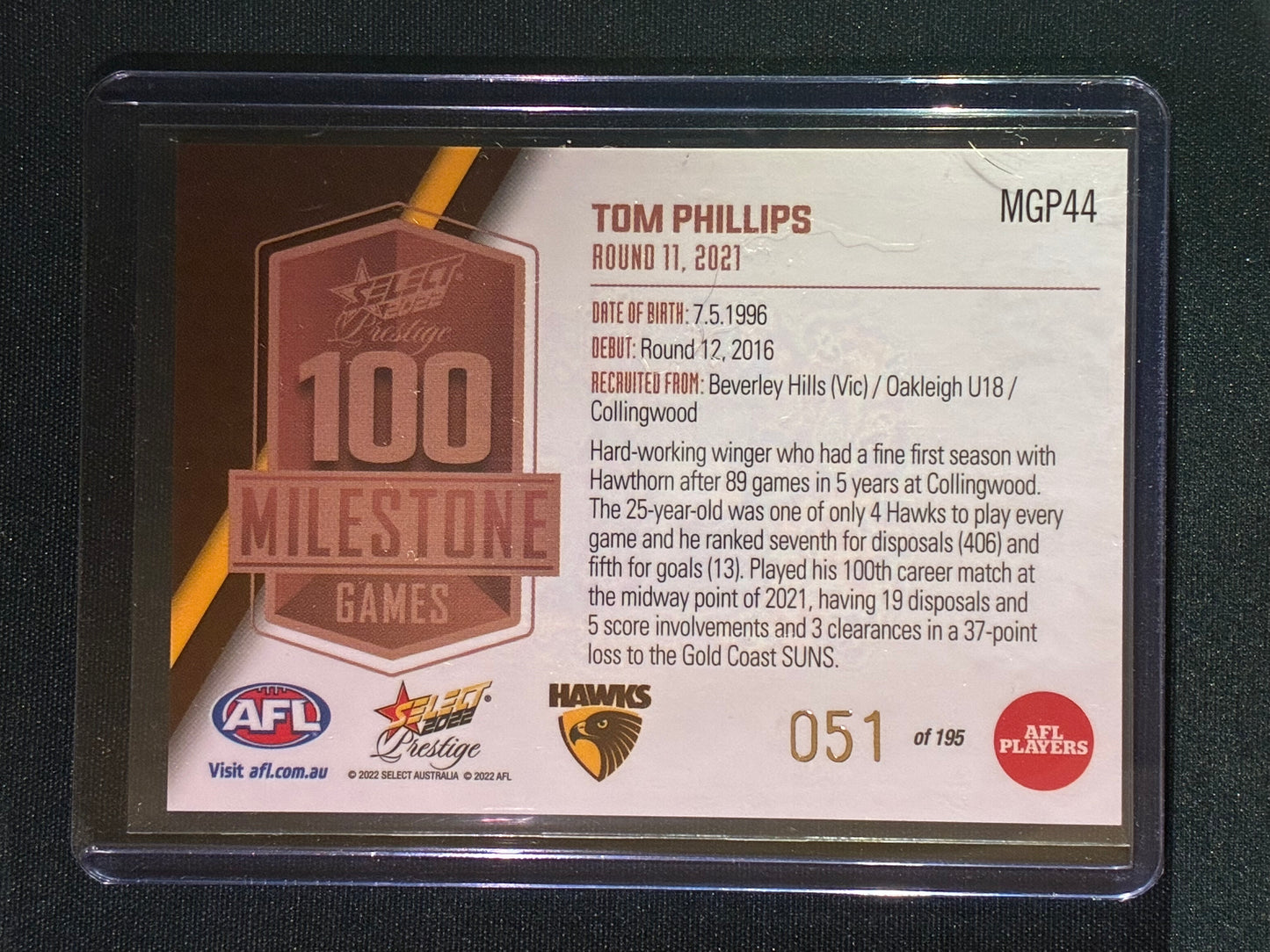 2022 Footy Stars Prestige TOM PHILLIPS AFL Milestone Games 51/195