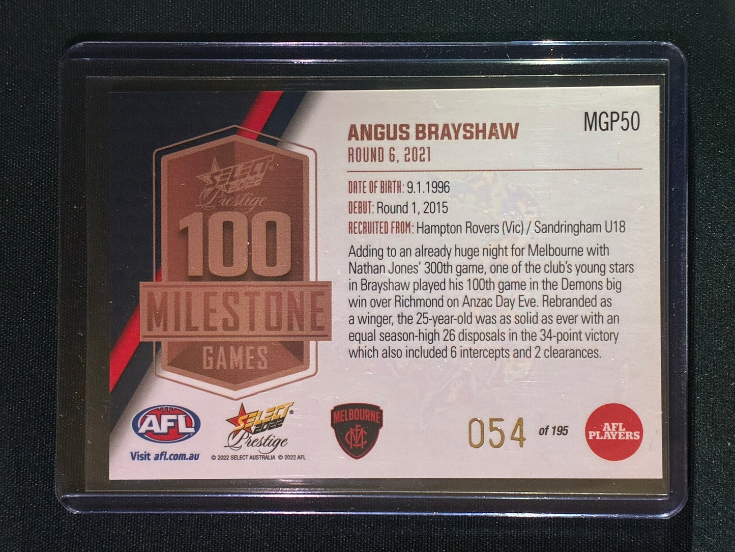 2022 Footy Stars Prestige ANGUS BRAYSHAW AFL Milestone Games 54/195