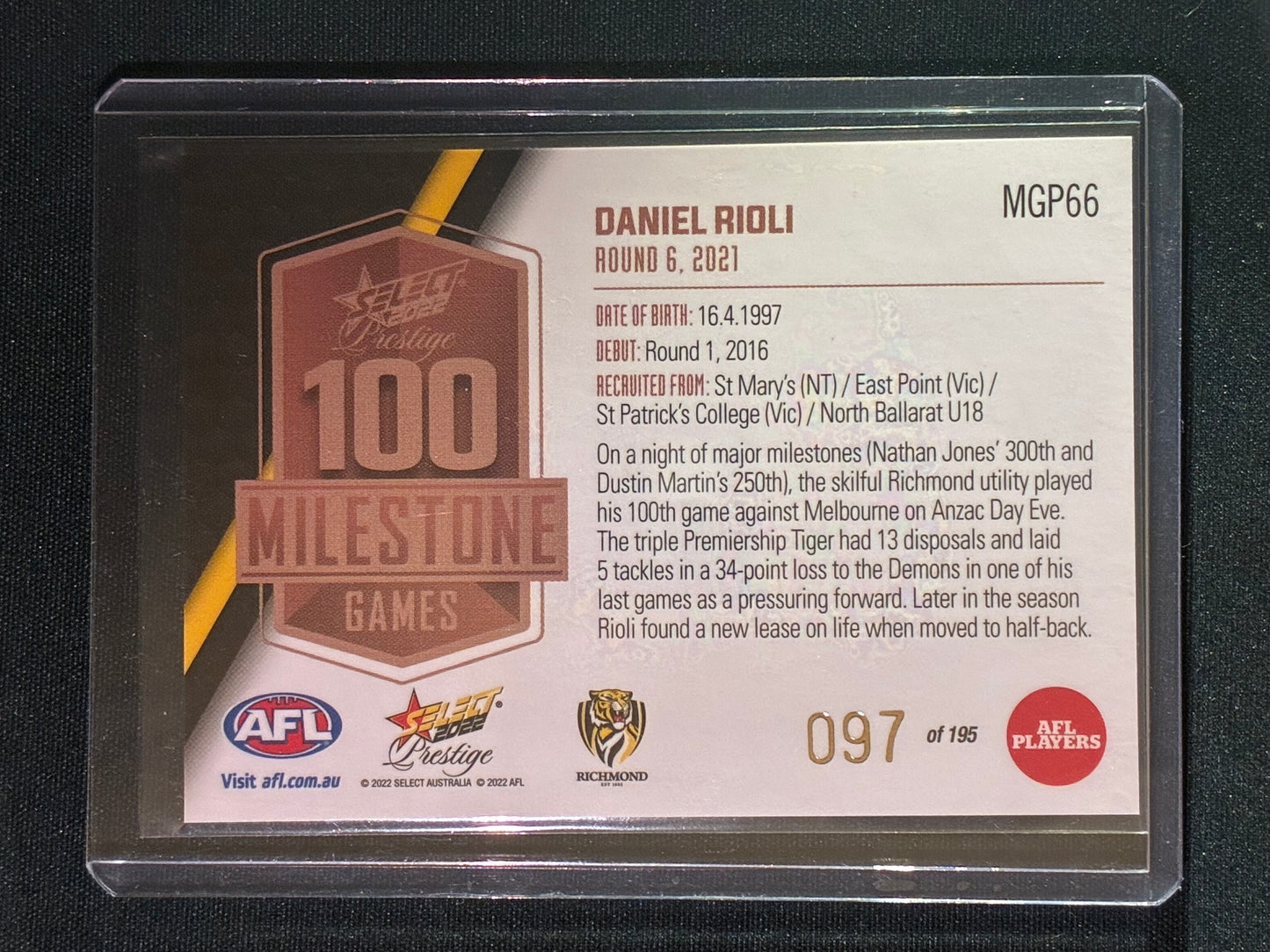 2022 Footy Stars Prestige DANIEL RIOLI AFL Milestone Games 97/195