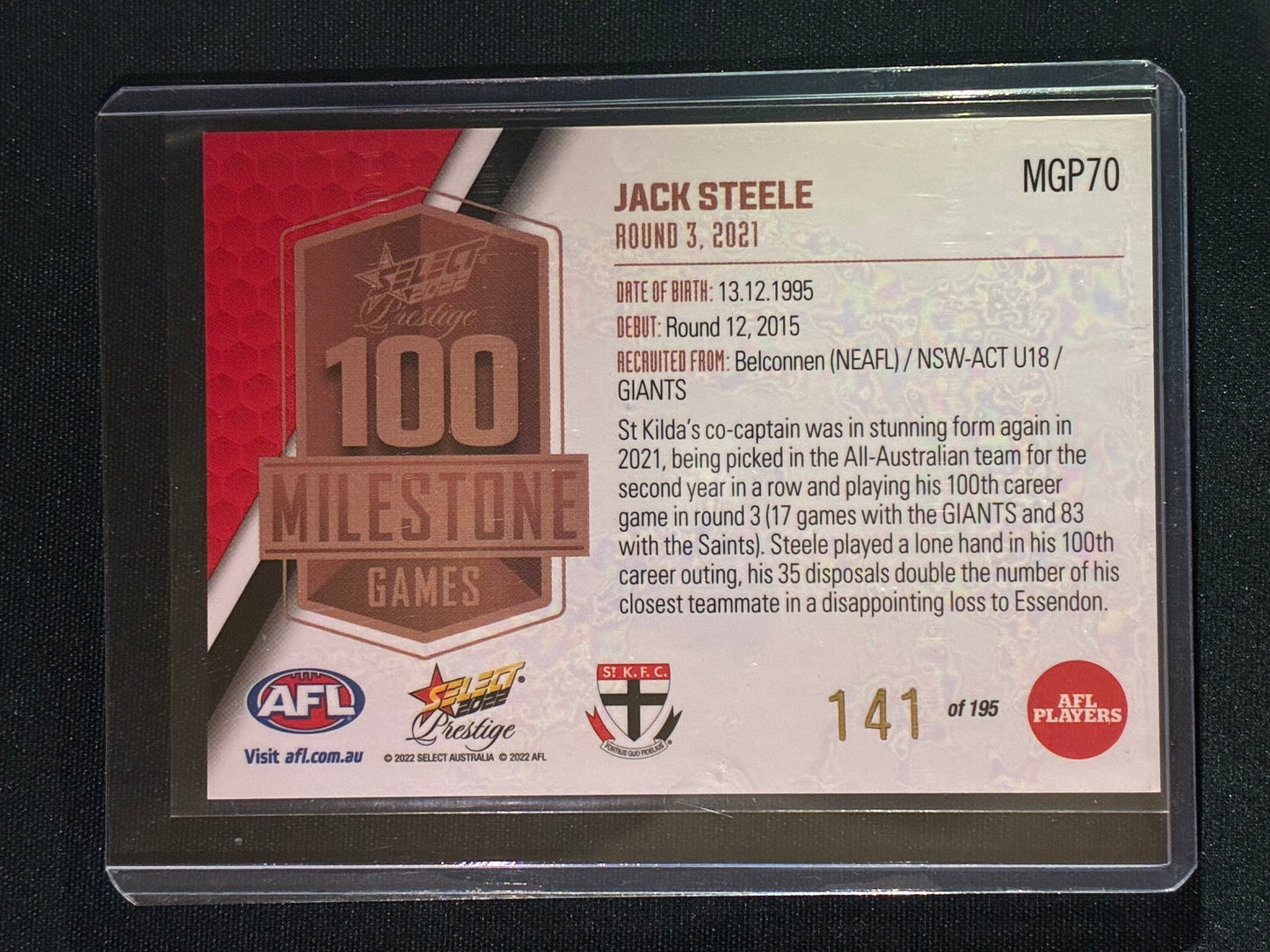 2022 Footy Stars Prestige JACK STEELE AFL Milestone Games 141/195