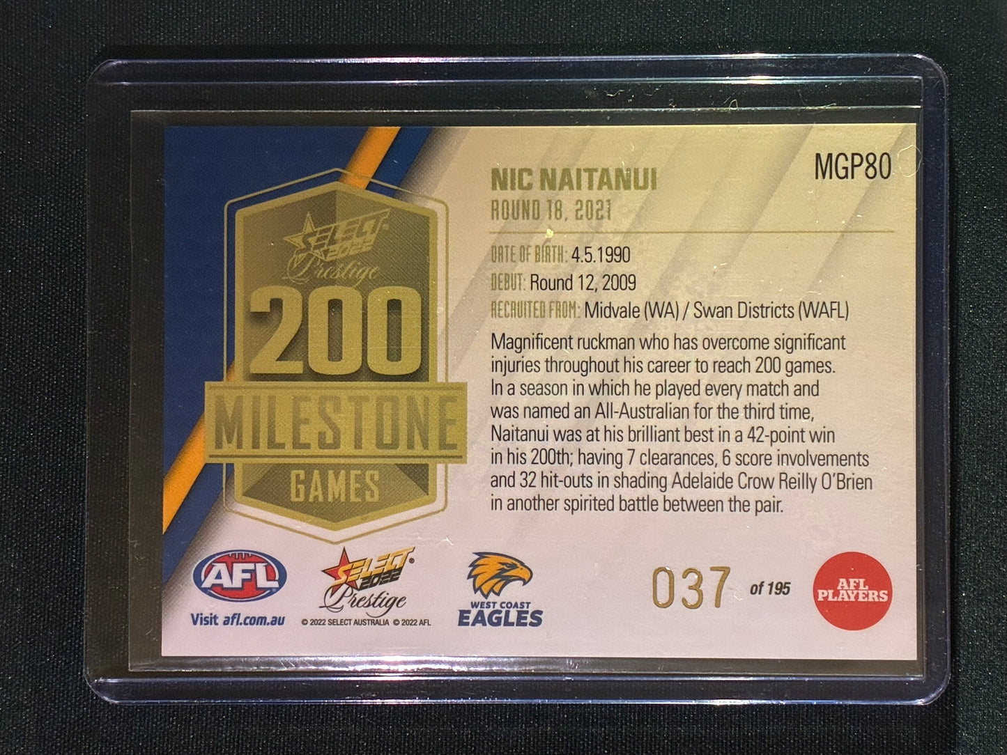 2022 Footy Stars Prestige NIC NAITANUI AFL Milestone Games 37/195