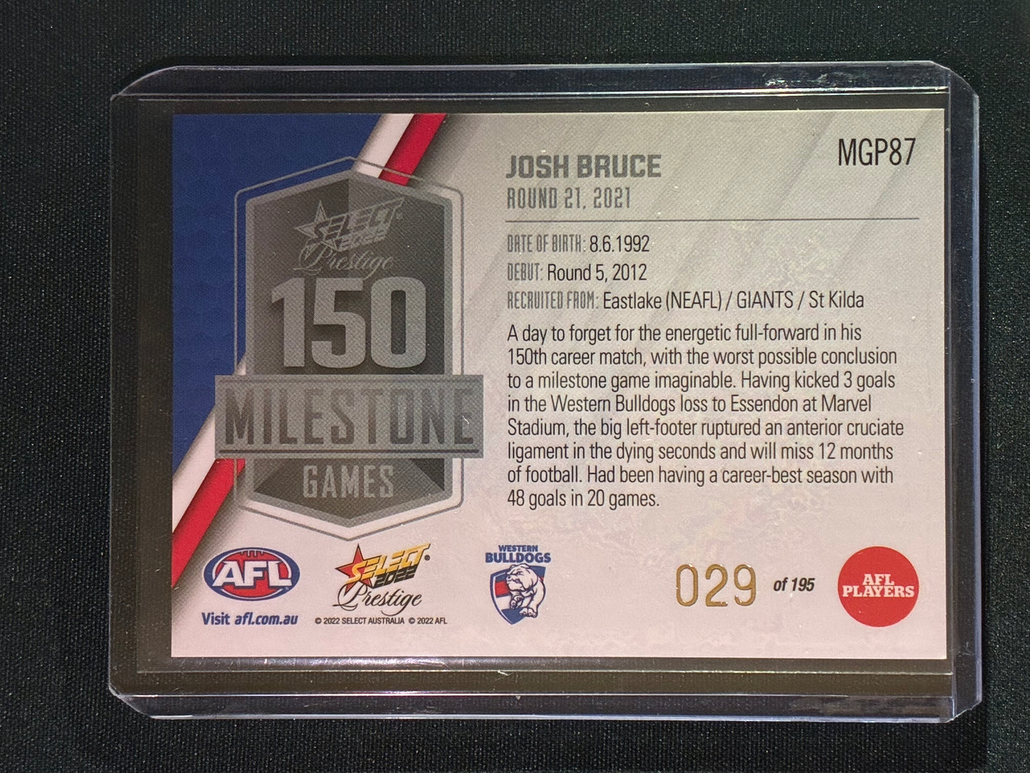 2022 Footy Stars Prestige JOSH BRUCE AFL Milestone Games 29/195