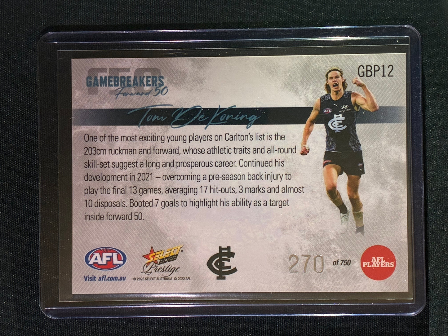 2022 Footy Stars Prestige TOM DE KONING Gamebreakers Forward 50 270/750