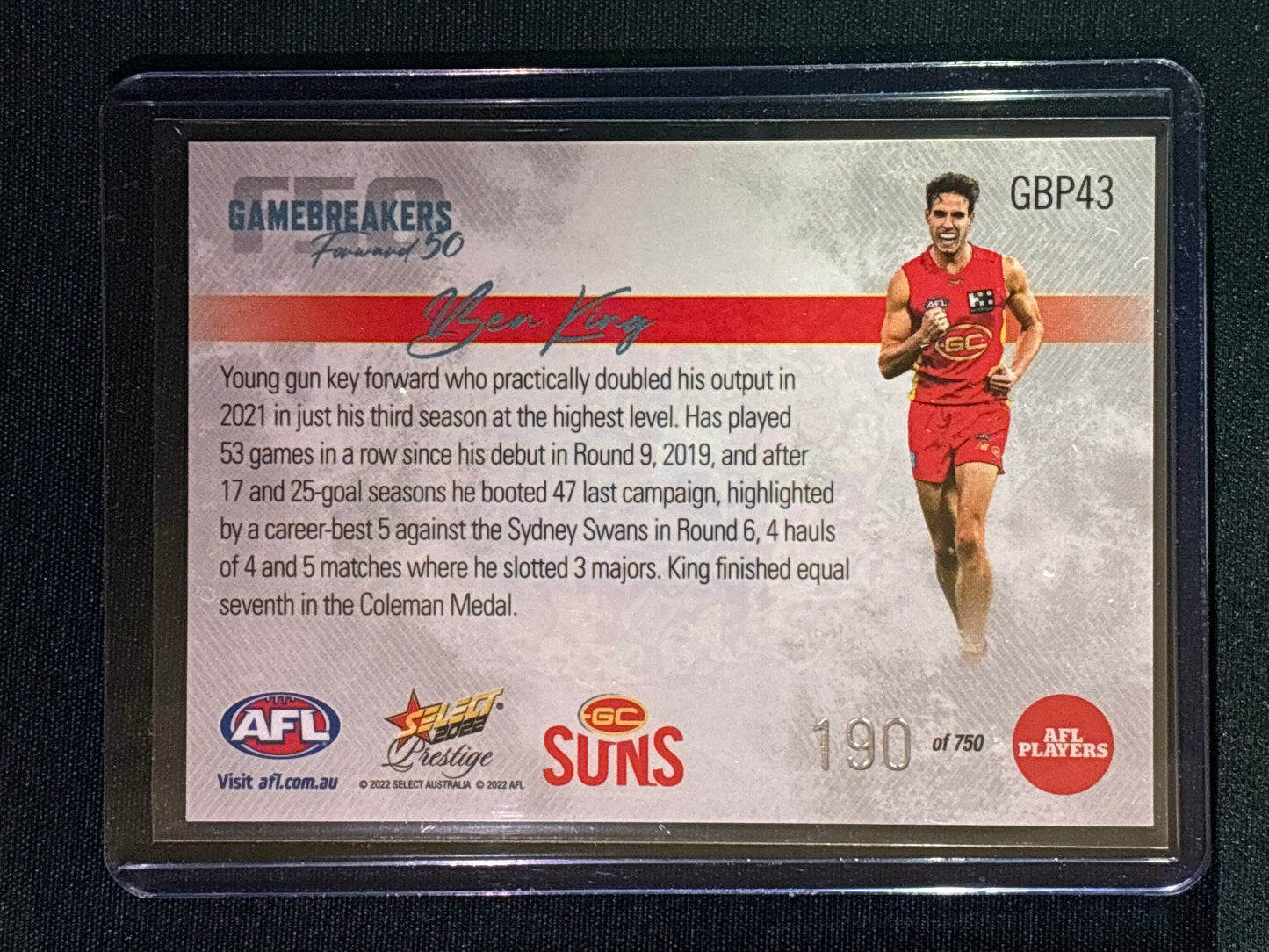 2022 Footy Stars Prestige BEN KING Gamebreakers Forward 50 190/750