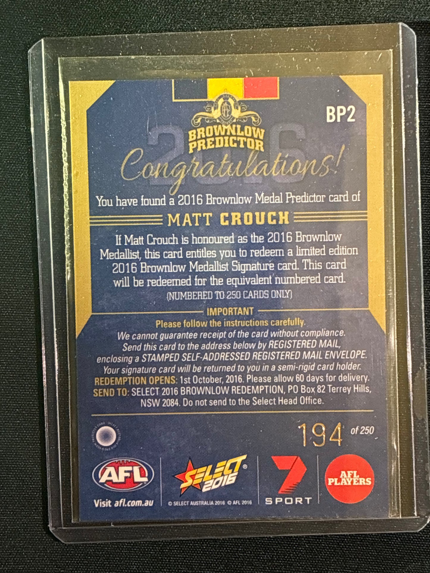 2016 Footy Stars MATT CROUCH Brownlow Predictor Gold 194/250
