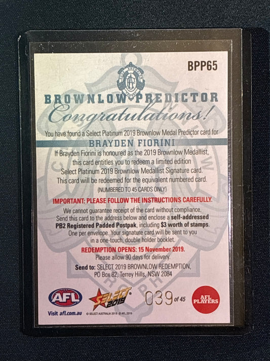 2019 Footy Stars BRAYDEN FIORINI Brownlow Predictor Platinum 39/45
