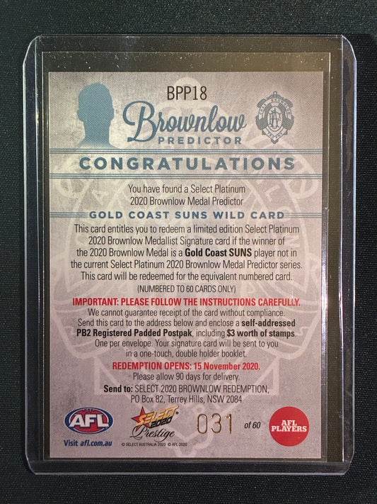 2020 Footy Stars Prestige SUNS WILD CARD Brownlow Predictor Platinum 31/60