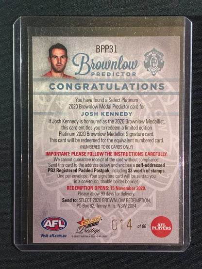 2020 Footy Stars Prestige JOSH KENNEDY Brownlow Predictor Platinum 14/60