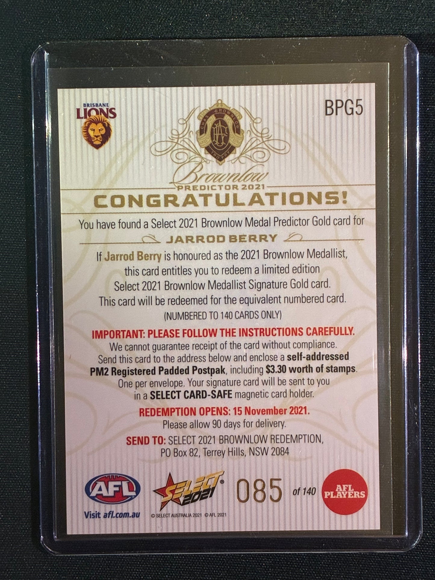 2021 Footy Stars JARROD BERRY Brownlow Predictor Gold 85/140