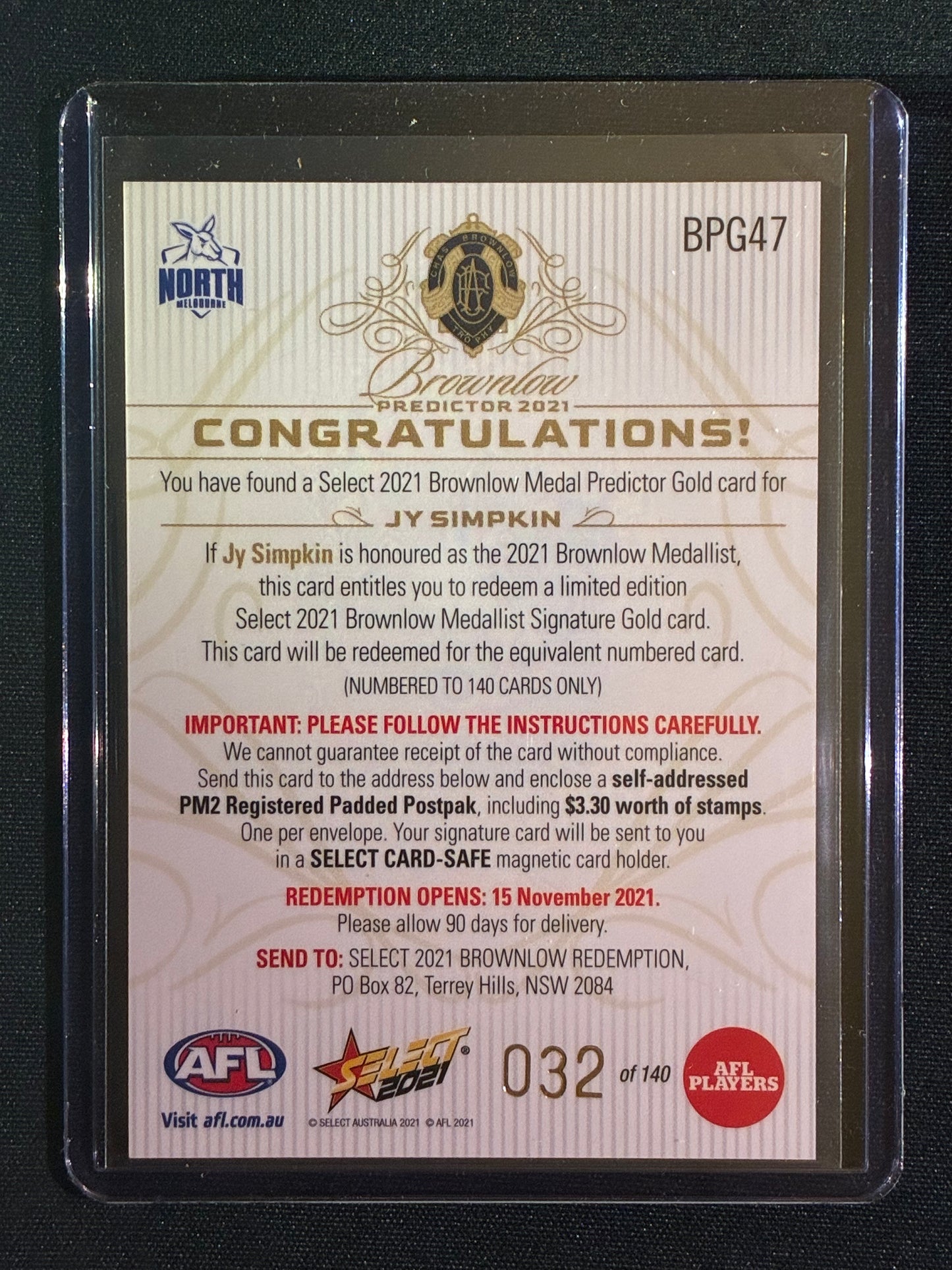 2021 Footy Stars JY SIMPKIN Brownlow Predictor Gold 32/140