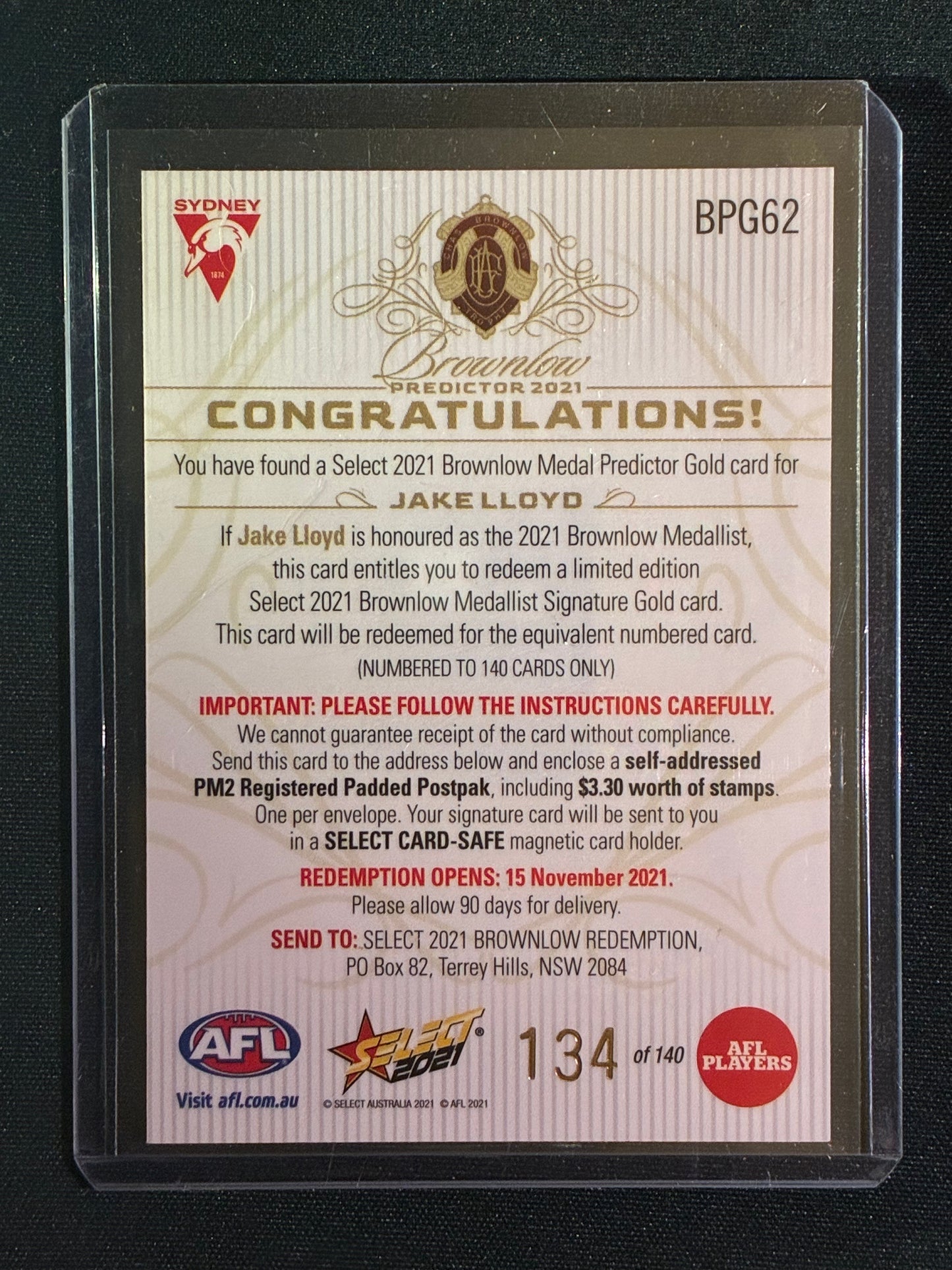 2021 Footy Stars JAKE LLOYD Brownlow Predictor Gold 134/140
