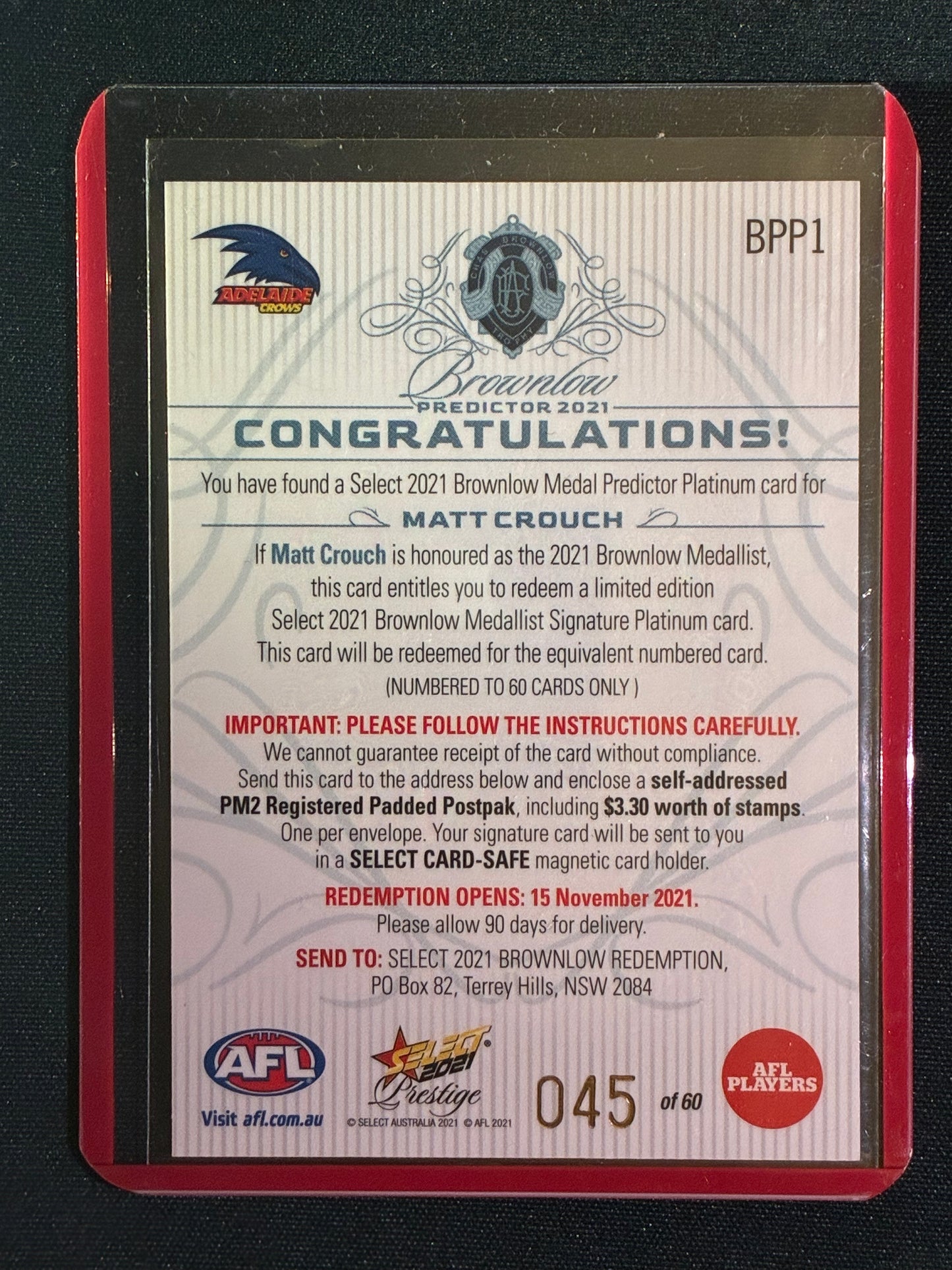 2021 Footy Stars Prestige MATT CROUCH Brownlow Predictor Platinum 45/60