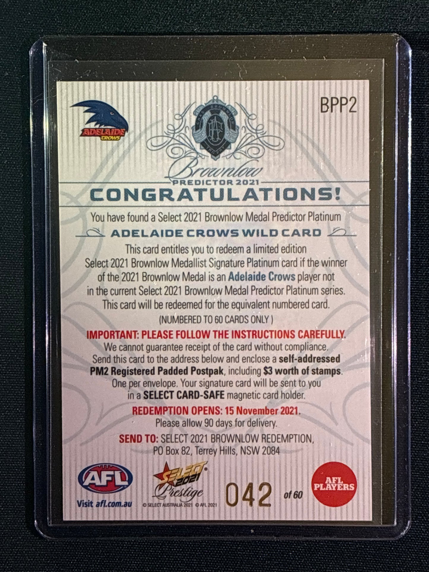 2021 Footy Stars Prestige CROWS WILD CARD Brownlow Predictor Platinum 42/60