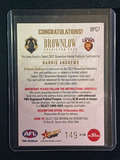 2022 Footy Stars HARRIS ANDREWS Brownlow Predictor Gold 149/185