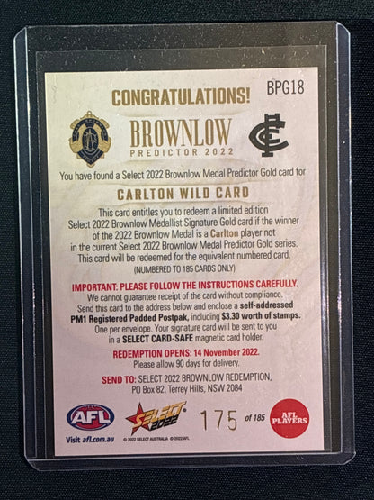 2022 Footy Stars CARLTON WILD CARD Brownlow Predictor Gold 175/185