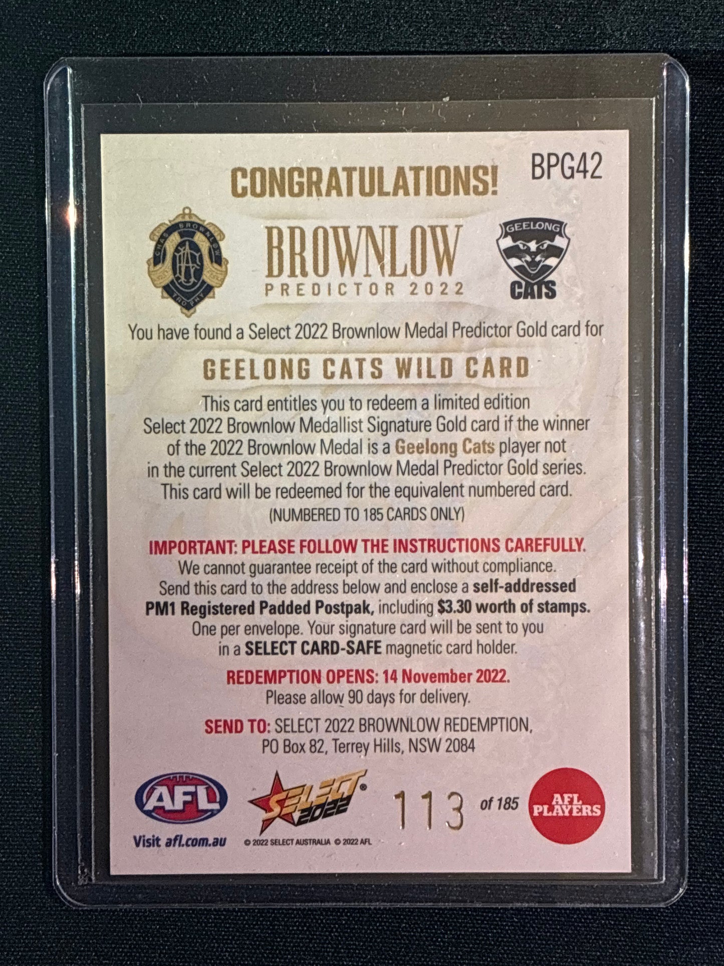 2022 Footy Stars GEELONG CATS WILD CARD Brownlow Predictor Gold 113/185