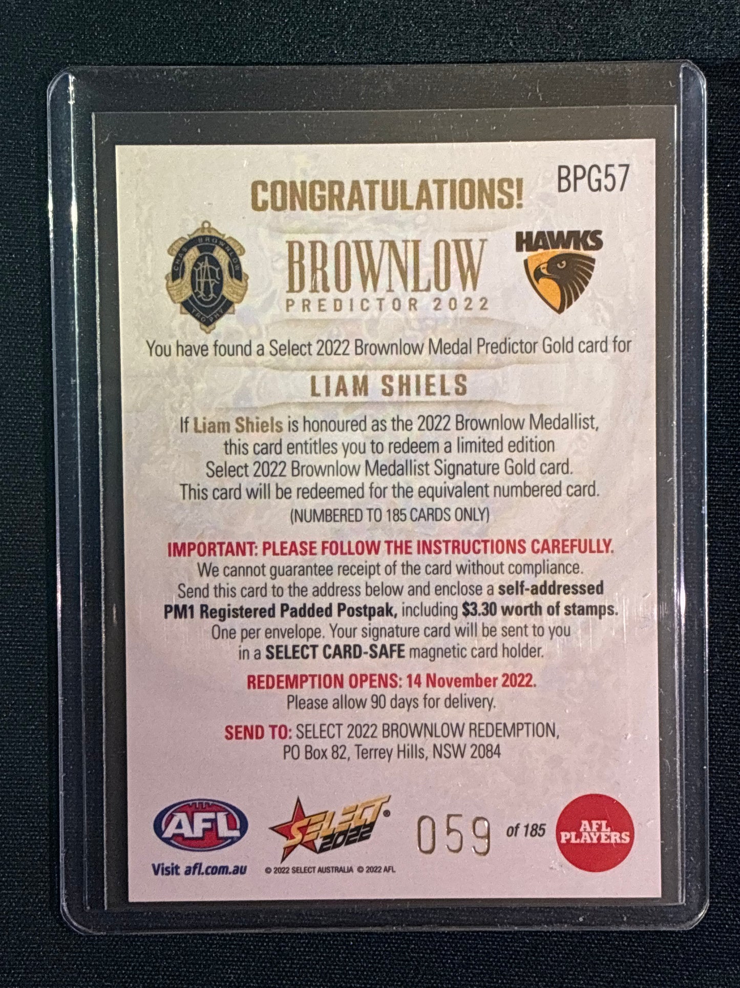 2022 Footy Stars LIAM SHIELS Brownlow Predictor Gold 59/185